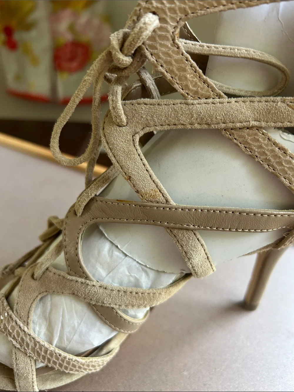 White House Black Market Lace-Up Strappy High Heels in Tan